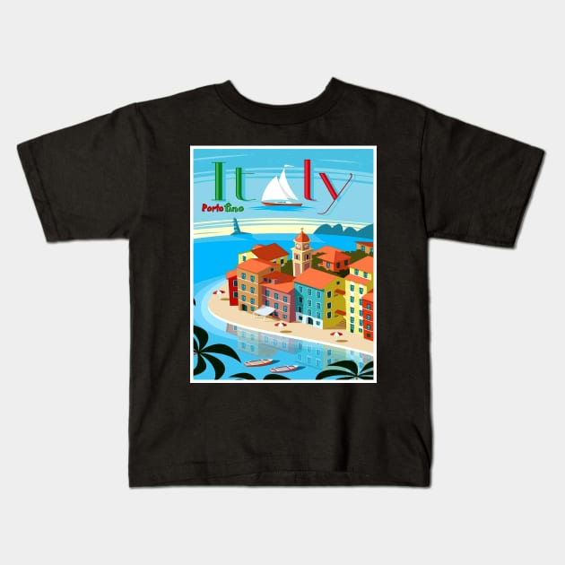 Portofino an Italian Travel and Tourism Resort Advertising Print Kids T-Shirt by posterbobs